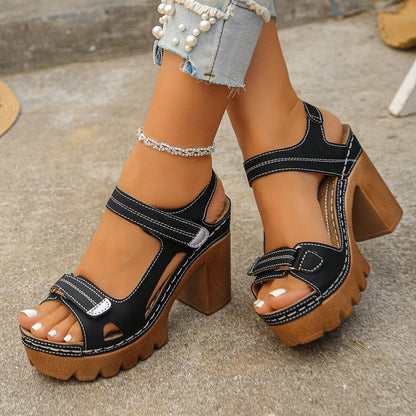 Sarah Express Women's Thick Sole High Heel Sandals | Single Strap Buckle Summer Shoes Black