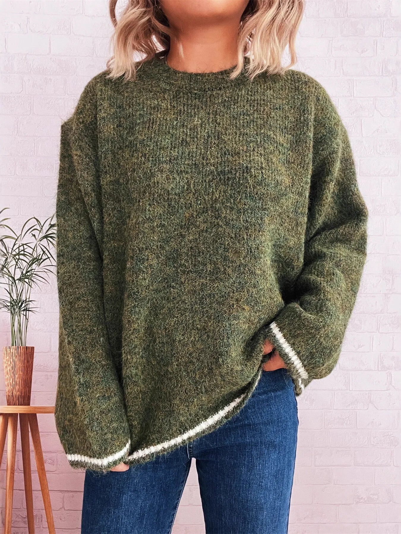 Sarah Express Women's Contrast Trim Round Neck Cozy Sweater