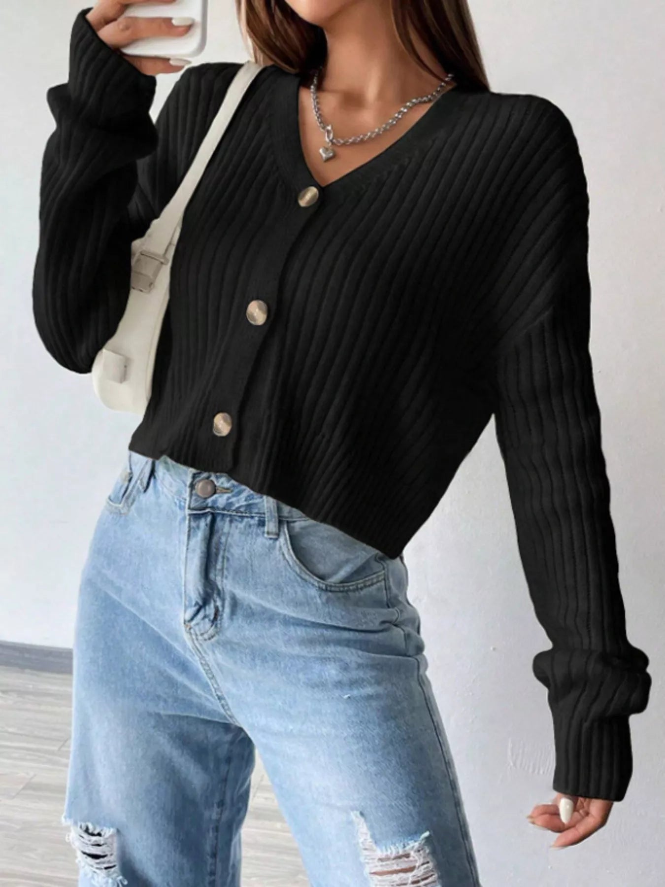 Sarah Express Women's V-Neck Button-Up Ribbed Cardigan Sweater Black