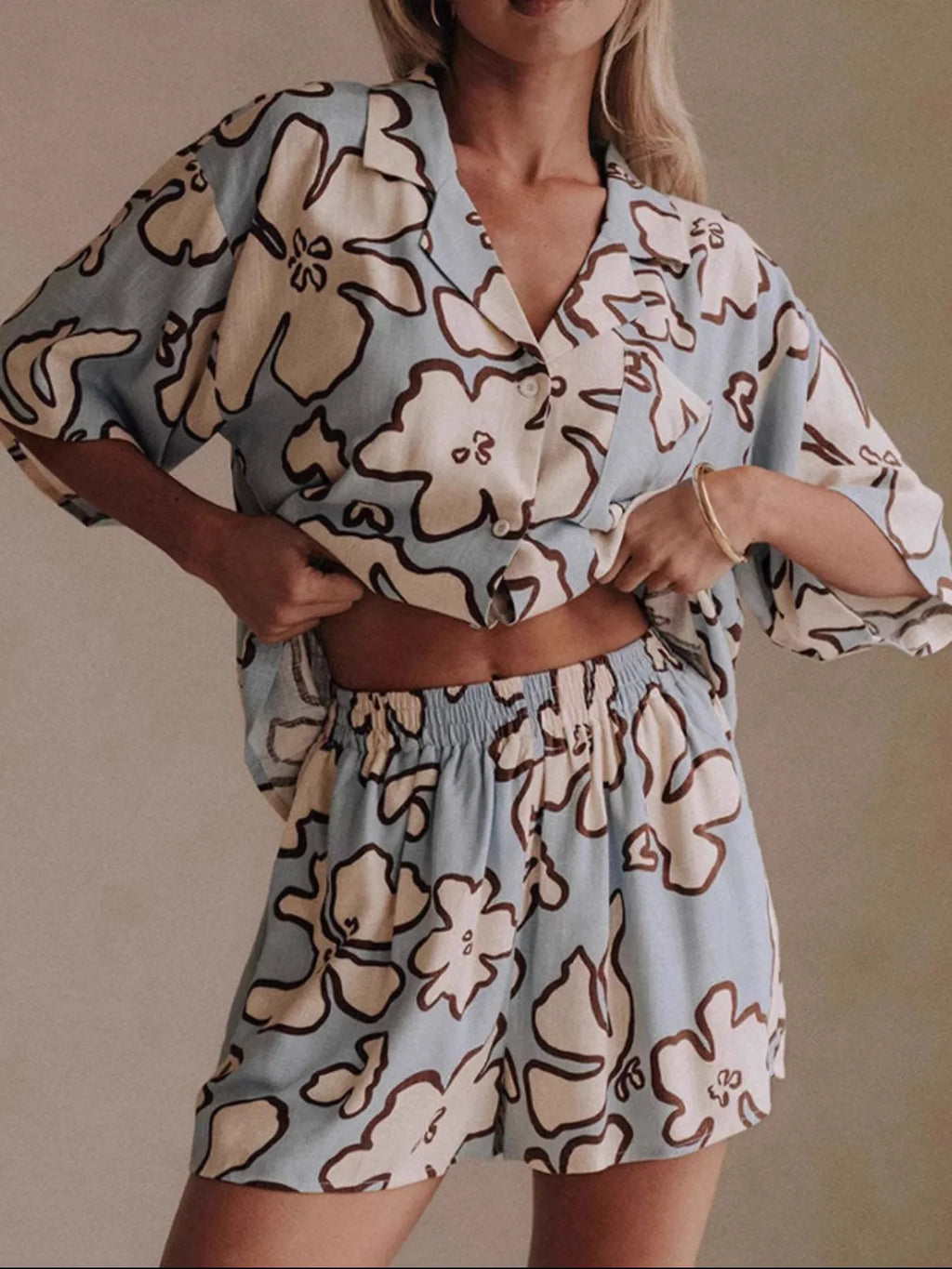 Sarah Express Women's Printed Button Up Shirt and Shorts Set - Two Piece Summer Outfit Light Blue