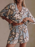 Sarah Express Women's Printed Button Up Shirt and Shorts Set - Two Piece Summer Outfit Light Blue