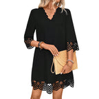 Lace Floral A-Line V-Neck Midi Dress Long Sleeve Pullover