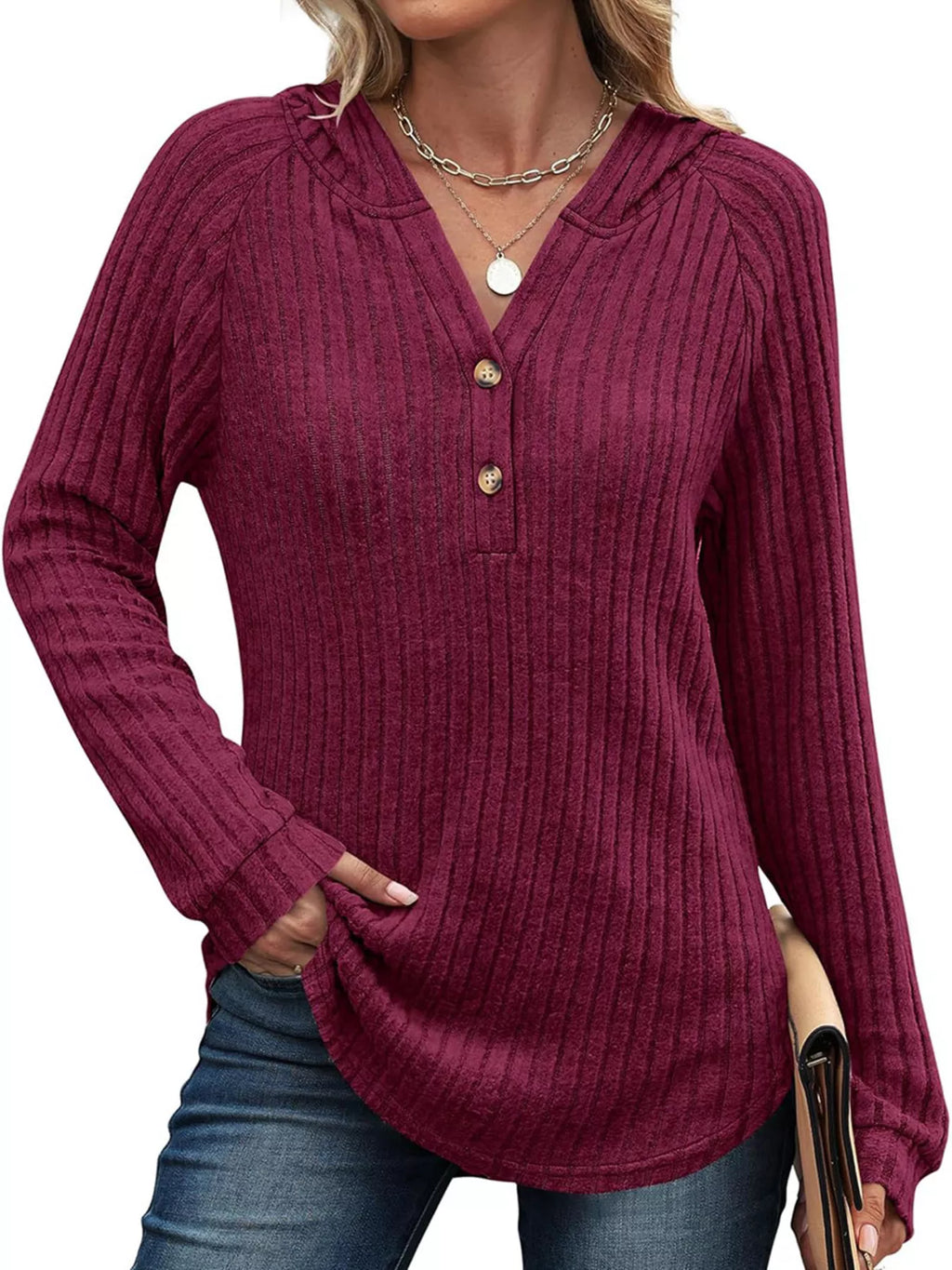 Sarah Express Women's Ribbed Knit Button Detail Hooded Top Burgundy