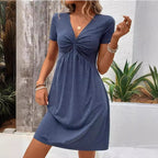 Women's V-Neck Twist Detail Short Sleeve Mid-Length Dress