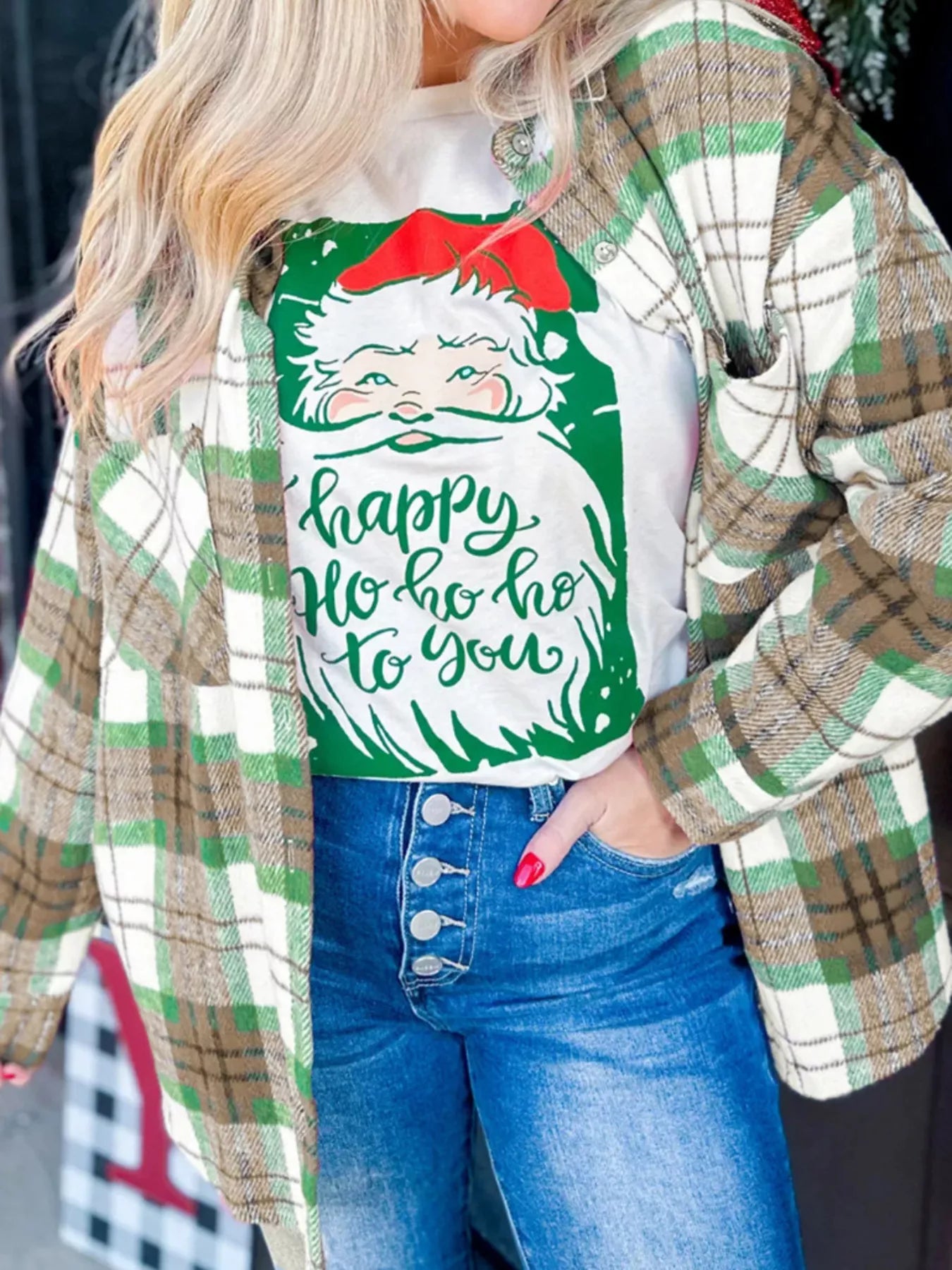 Sarah Express Women's Plaid Button-Down Long Sleeve Shacket Green