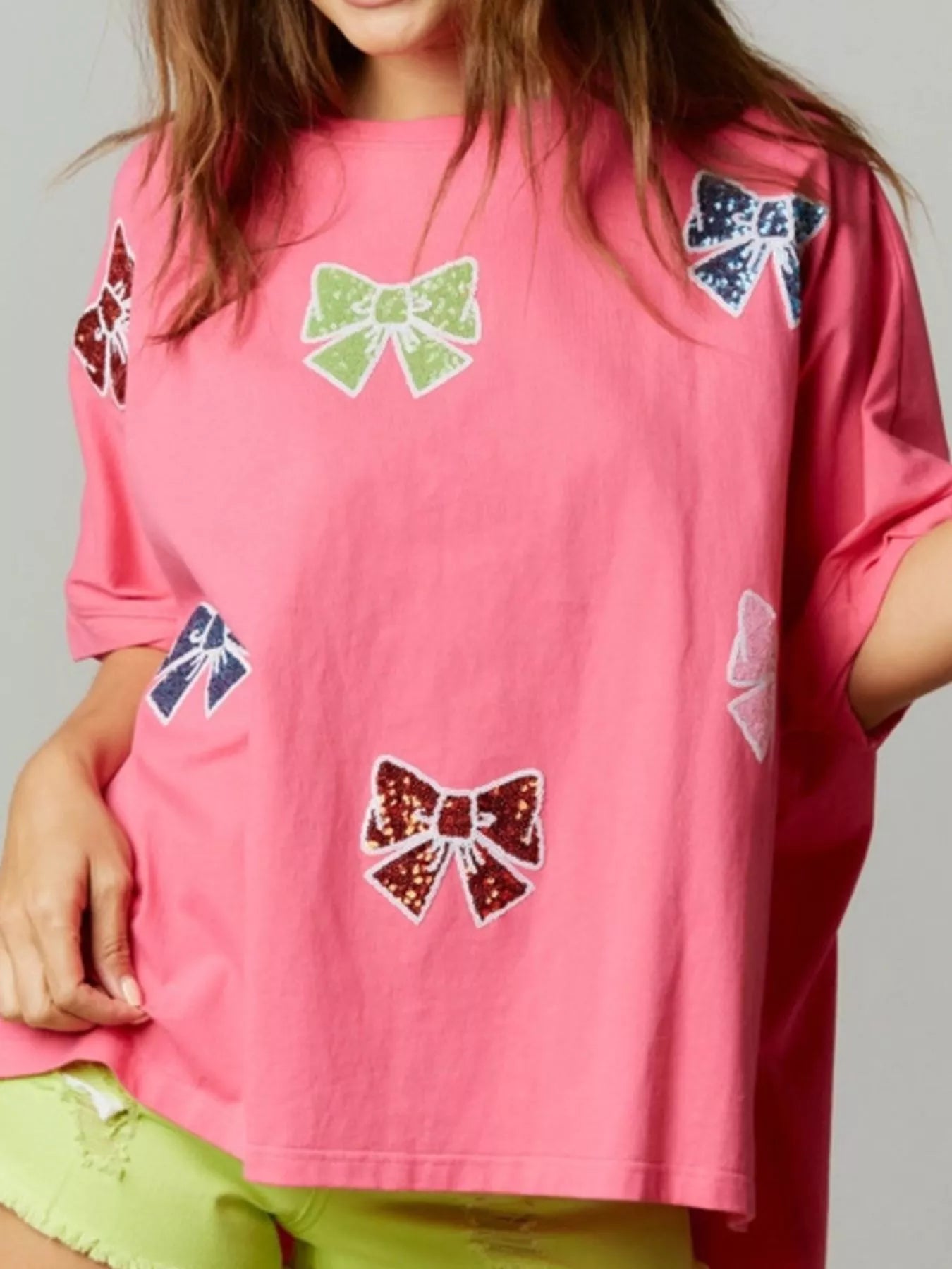 Sarah Express Women's Sequin Bow Round Neck T-Shirt - Oversized Casual Top