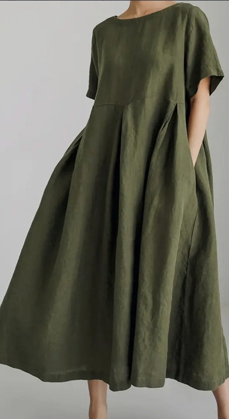 Cotton Linen Fitted Dress Short Sleeve Crew Neck with Pockets