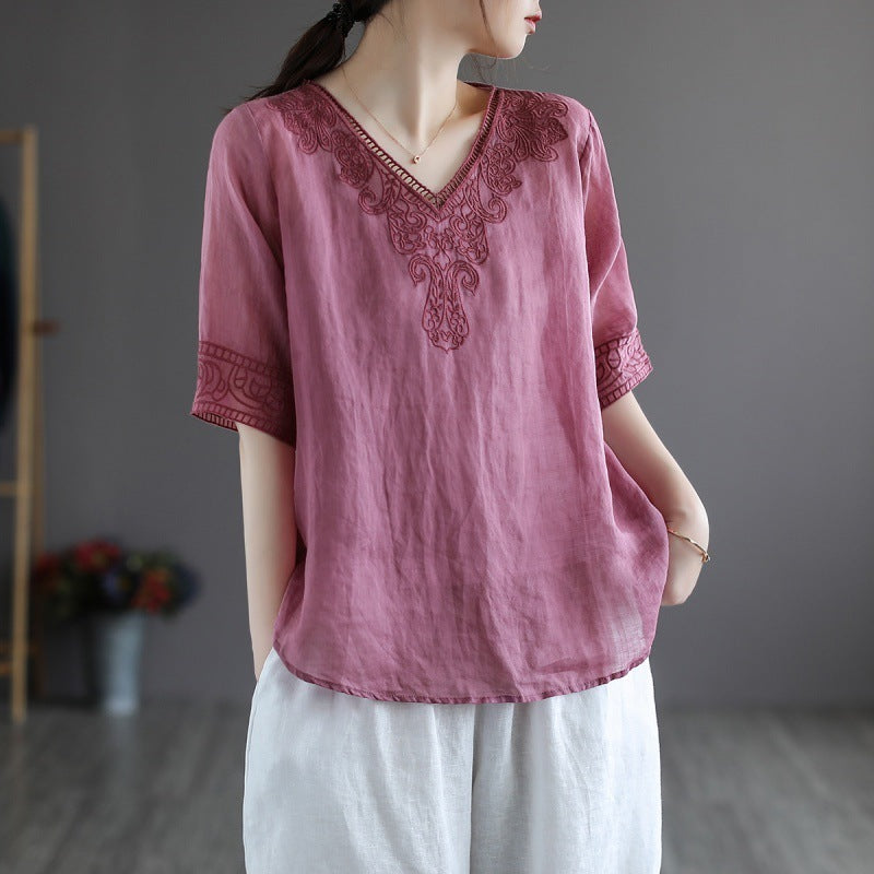 Women's Embroidered Cotton Linen V-Neck T-Shirt Ethnic Retro Style Short Sleeve
