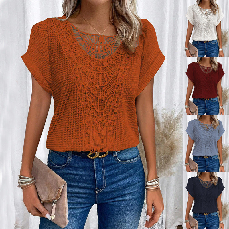 Women's Hollow Out Short Sleeve T-Shirt Ethnic Boho Style