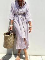 Women's Striped Shirt Dress Button Front Maxi with Belt
