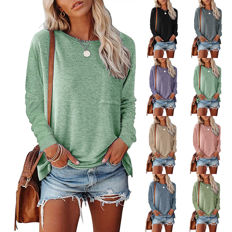 Women's Long Sleeve Pocket T-Shirt Split Hem Casual Cotton Blend Top