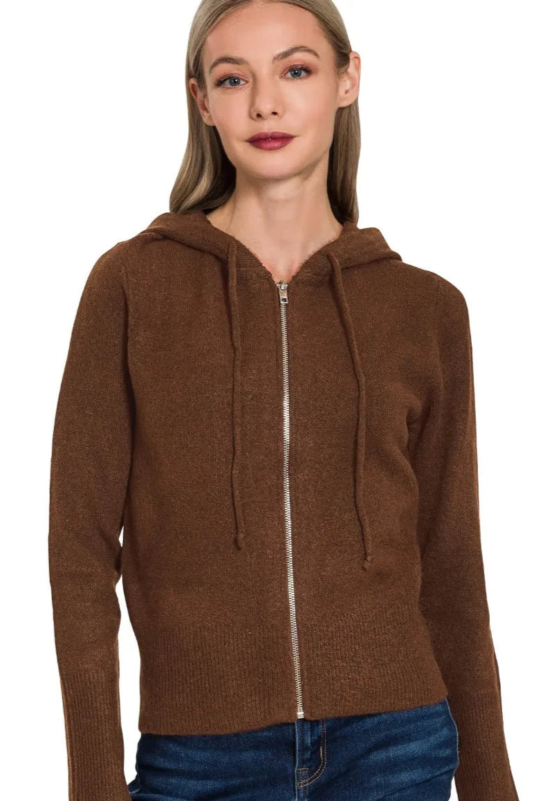 Drawstring Zip Up Hooded Cardigan