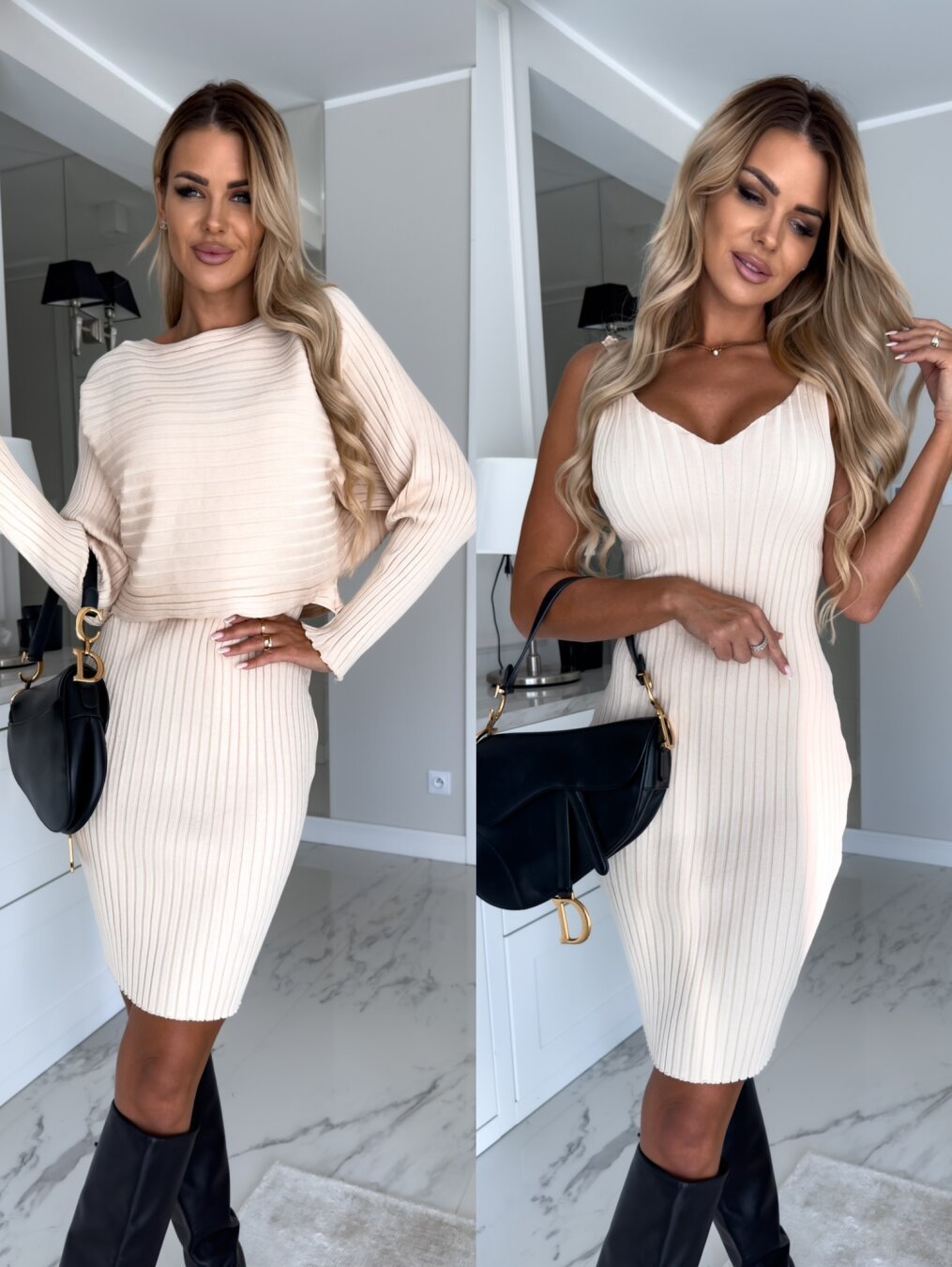Women's Ribbed Stripe Long Sleeve Top Suspender Skirt 2 Piece Set