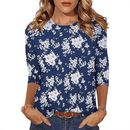 Women's Three-Quarter Sleeve Floral Print T-Shirt Top