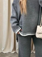 Sarah Express Women's Contrast Trim Round Neck Top and Pants Sweater Set