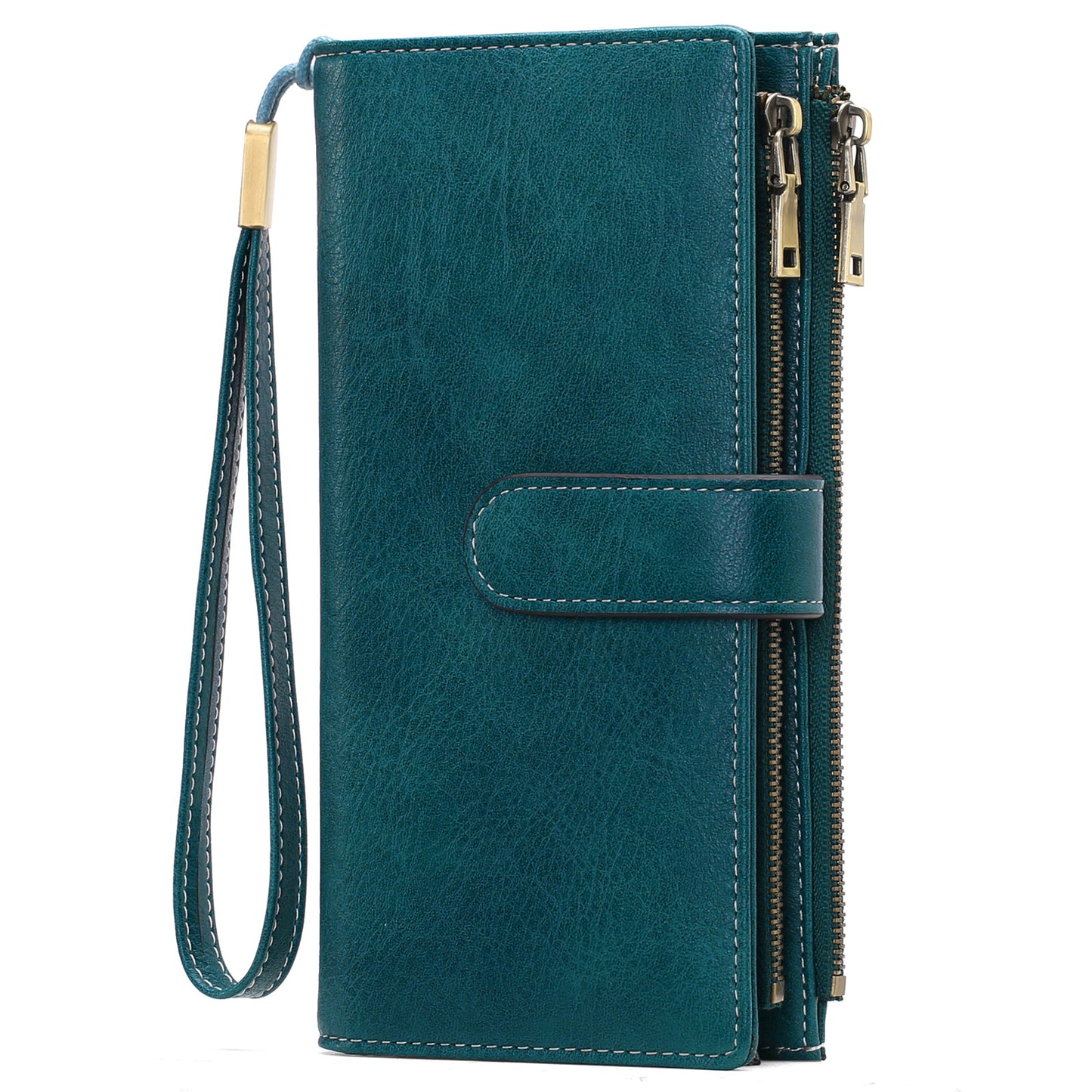 Sarah Express Women's Vintage Tri-Fold Wallet with RFID Protection - Oil Wax Leather Long Purse Lake Blue