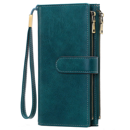 Sarah Express Women's Vintage Tri-Fold Wallet with RFID Protection - Oil Wax Leather Long Purse Lake Blue