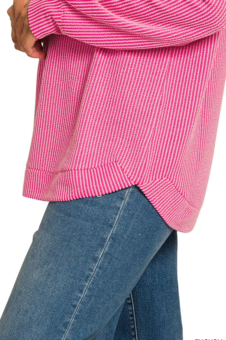 Sarah Express Women’s Plus Size Raised Rib Long Sleeve Top Casual All-Season