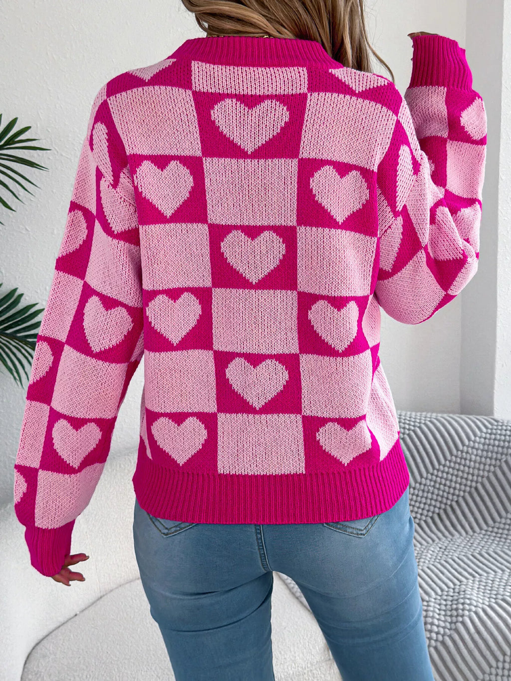 Sarah Express Women's Heart Checkerboard Pattern Round Neck Sweater