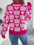 Sarah Express Women's Heart Checkerboard Pattern Round Neck Sweater