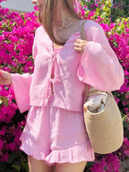 Sarah Express Women's Tie Front Long Sleeve Top and Shorts Set