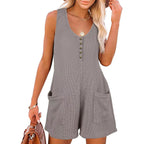 Women's Button Front Sleeveless Romper with Pockets