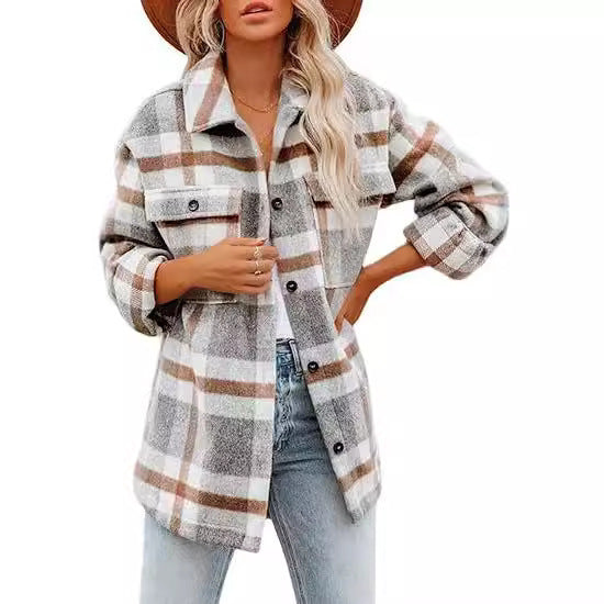 Sarah Express Women's Plaid Buckle Jacket - Loose Fit Long Sleeve Shacket Coat