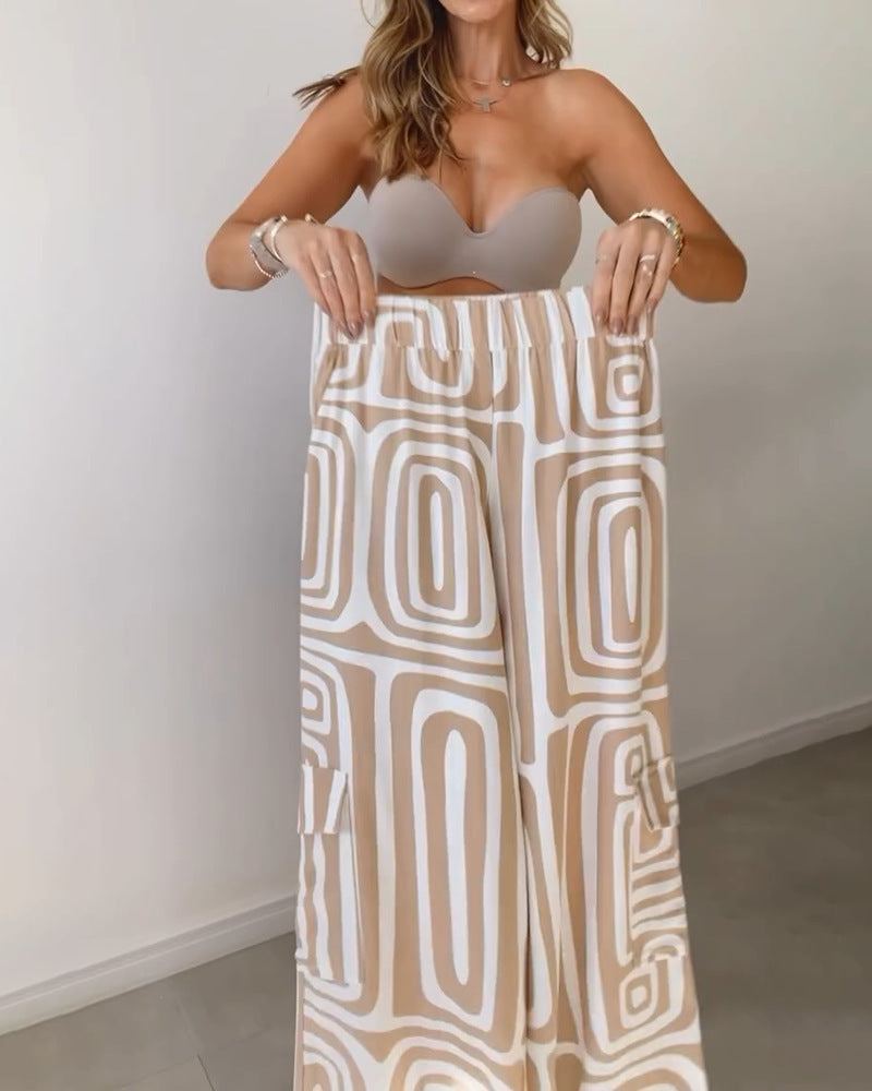 Women's 2-Piece Suit Set Lapel Shirt Wide Leg Pants Printed