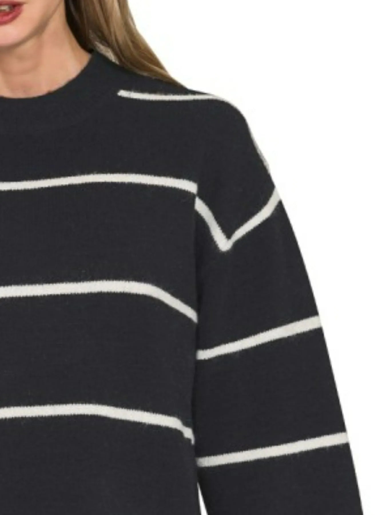 Sarah Express Women's Black White Stripe Sweater | Round Neck Oversized | Acrylic Blend | S-L
