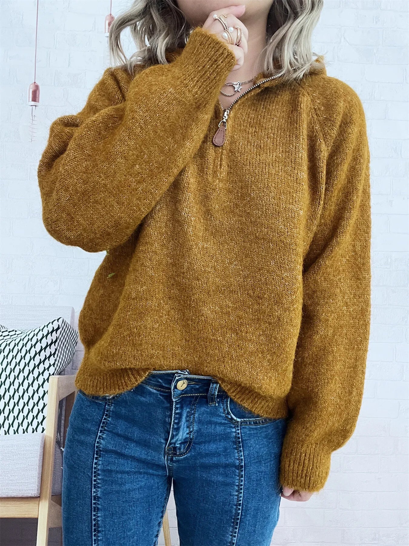 Sarah Express Women's Quarter Zip Ribbed Hem Sweater