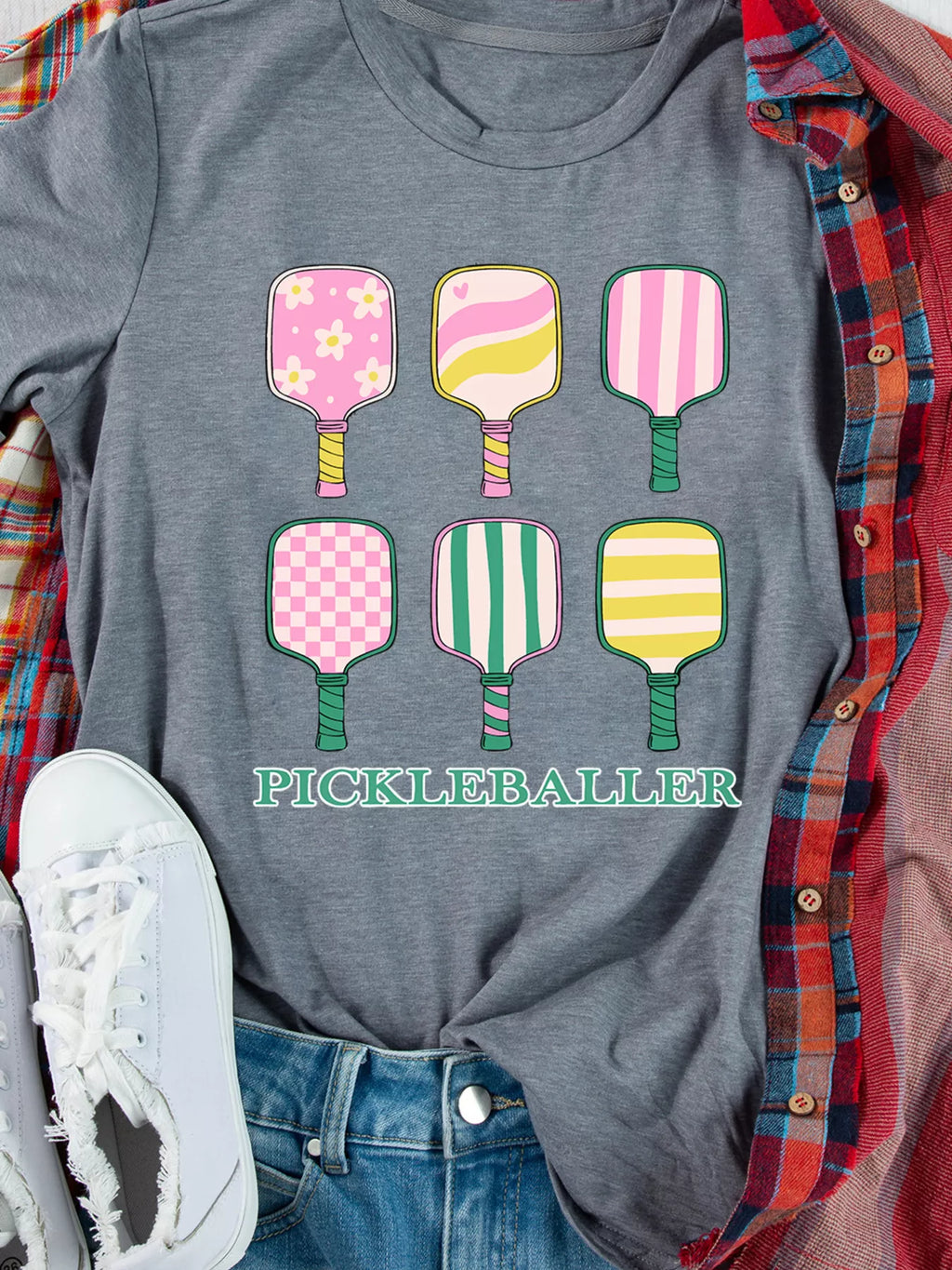 Sarah Express Women's Playful Pickleball Bats Printed Casual T-Shirt