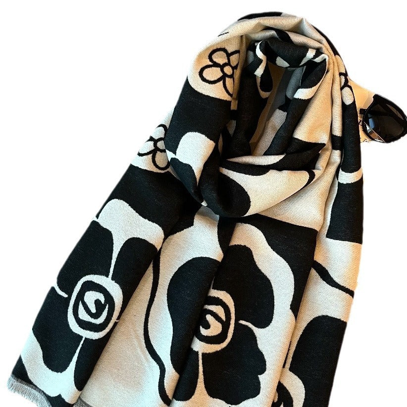 Women's Camellia Jacquard Scarf Imitation Cashmere Black Beige Elegant Winter Wrap