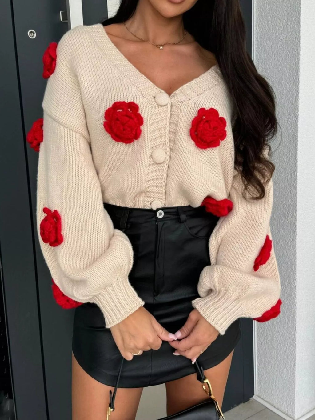 Sarah Express Women's Rose Embellished V-Neck Cardigan - Button Front Sweater