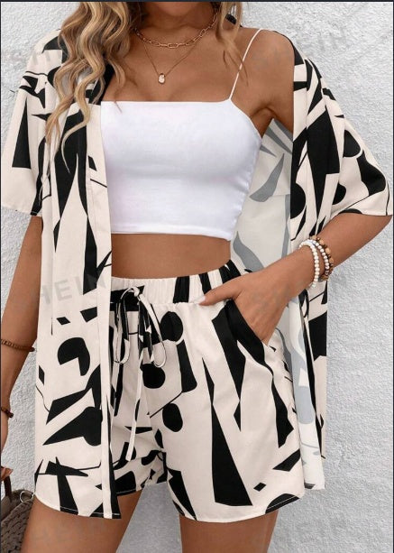 Geometric Print Button-Up Top Shorts Two-Piece Set Color Block Short Sleeve