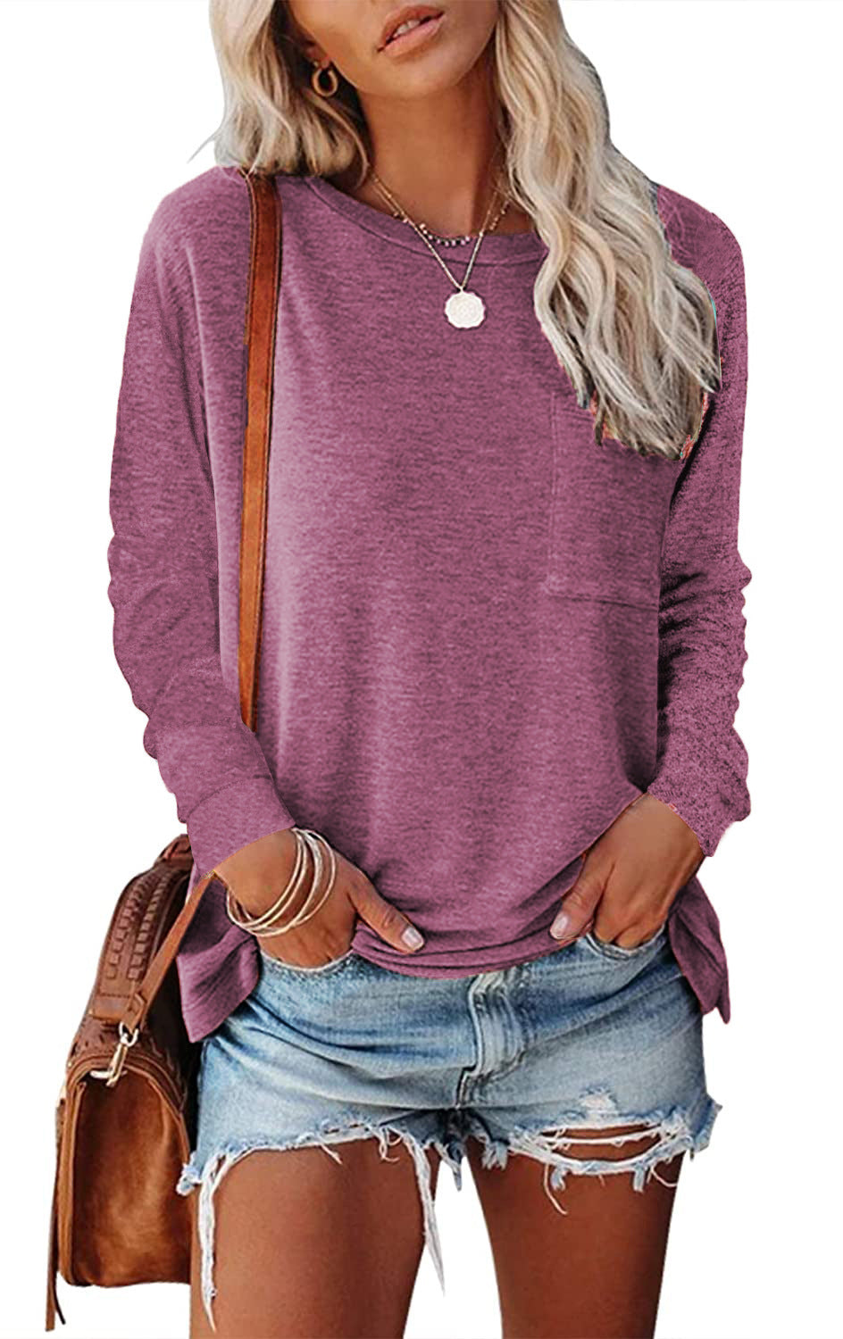 Women's Long Sleeve Pocket T-Shirt Split Hem Casual Cotton Blend Top