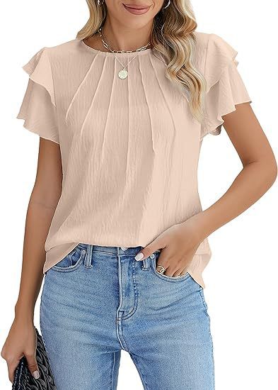 Women's Pleated Round Neck Blouse Short Sleeve Professional Work Top