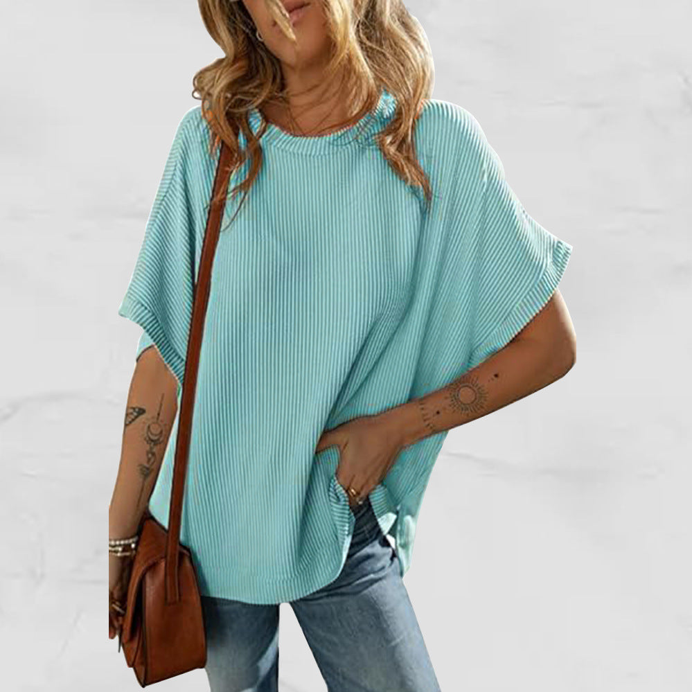 Solid Color Knitted T-Shirt Women's Half Sleeve Loose Casual Pullover Top