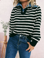 Sarah Express Women's Contrast Striped Sweater with Denim Collar - Openwork Knit Pullover