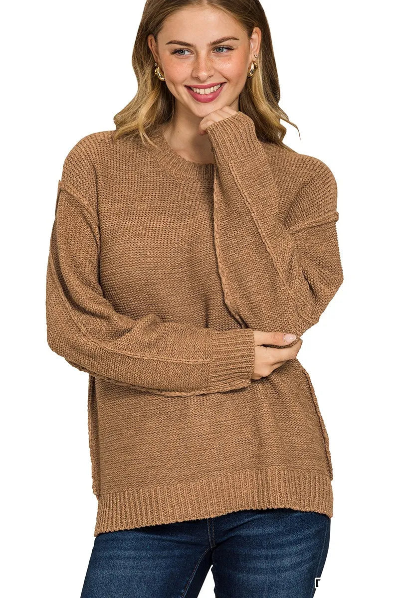Sarah Express Women’s Oversized Sweater with Exposed Seams and Round Neck
