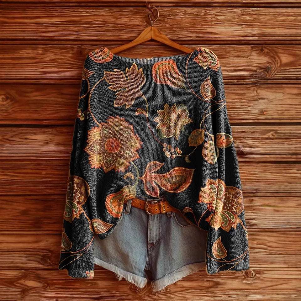 Women's Floral Printed Long Sleeve Pullover Top Brushed Loose Fit