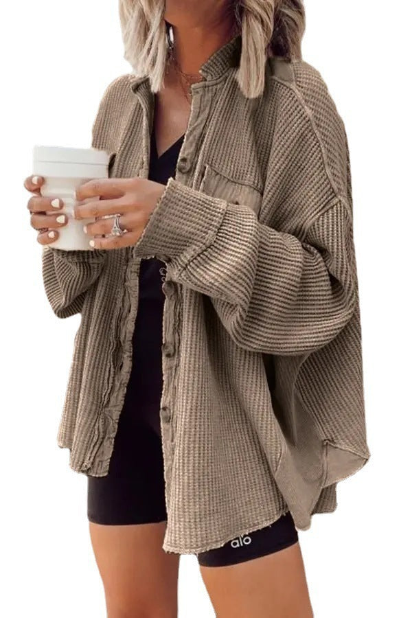 Patchwork Irregular Shirt Jacket Loose Fit Long Sleeve Acrylic Outerwear