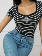 Sarah Express Women's Striped Short Sleeve T-Shirt - Ruched Basic Style Tee