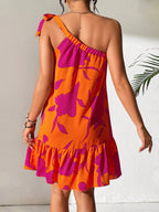 Floral Print One Shoulder Dress Ruffle Hem Sleeveless Midi Length