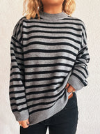 Sarah Express Women's Striped Mock Neck Long Sleeve Sweater - Oversized Ribbed Knit Top