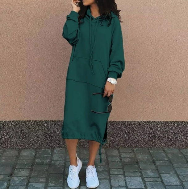 Women's Hooded Sweatshirt Dress Long Sleeve Midi Casual Pockets