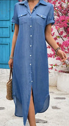 Women's Denim Look Longline Shirt Dress Button Front Short Sleeve Summer