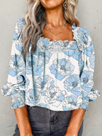 Sarah Express Women's Floral Print Frilly Smocked Square Neck Long Sleeve Blouse Light Blue