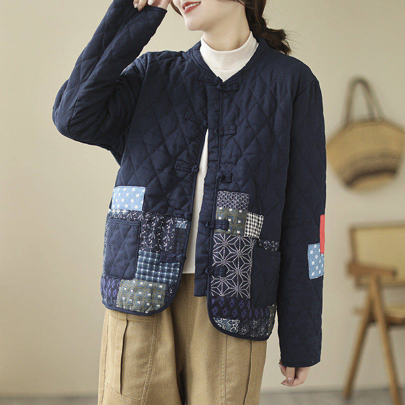 Women's Vintage Patch Cardigan Jacket Cotton-Padded Buckle Closure Rhombus Pattern Coat