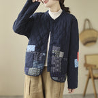 Women's Vintage Patch Cardigan Jacket Cotton-Padded Buckle Closure Rhombus Pattern Coat