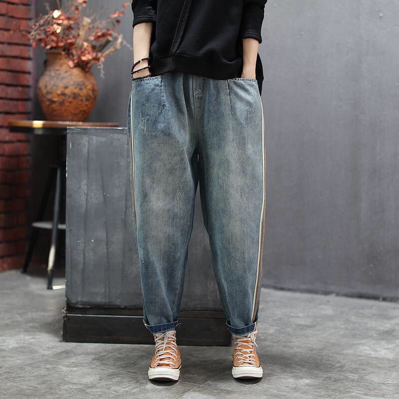 Women's Artsy Side Striped Patchwork Jeans High Waist Casual Denim